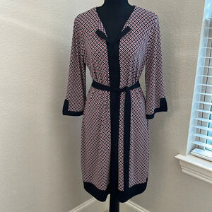 Ann Taylor Belted Knee Dress 3/4 Sleeve Flowers & Piping Accent Loose Fit Medium